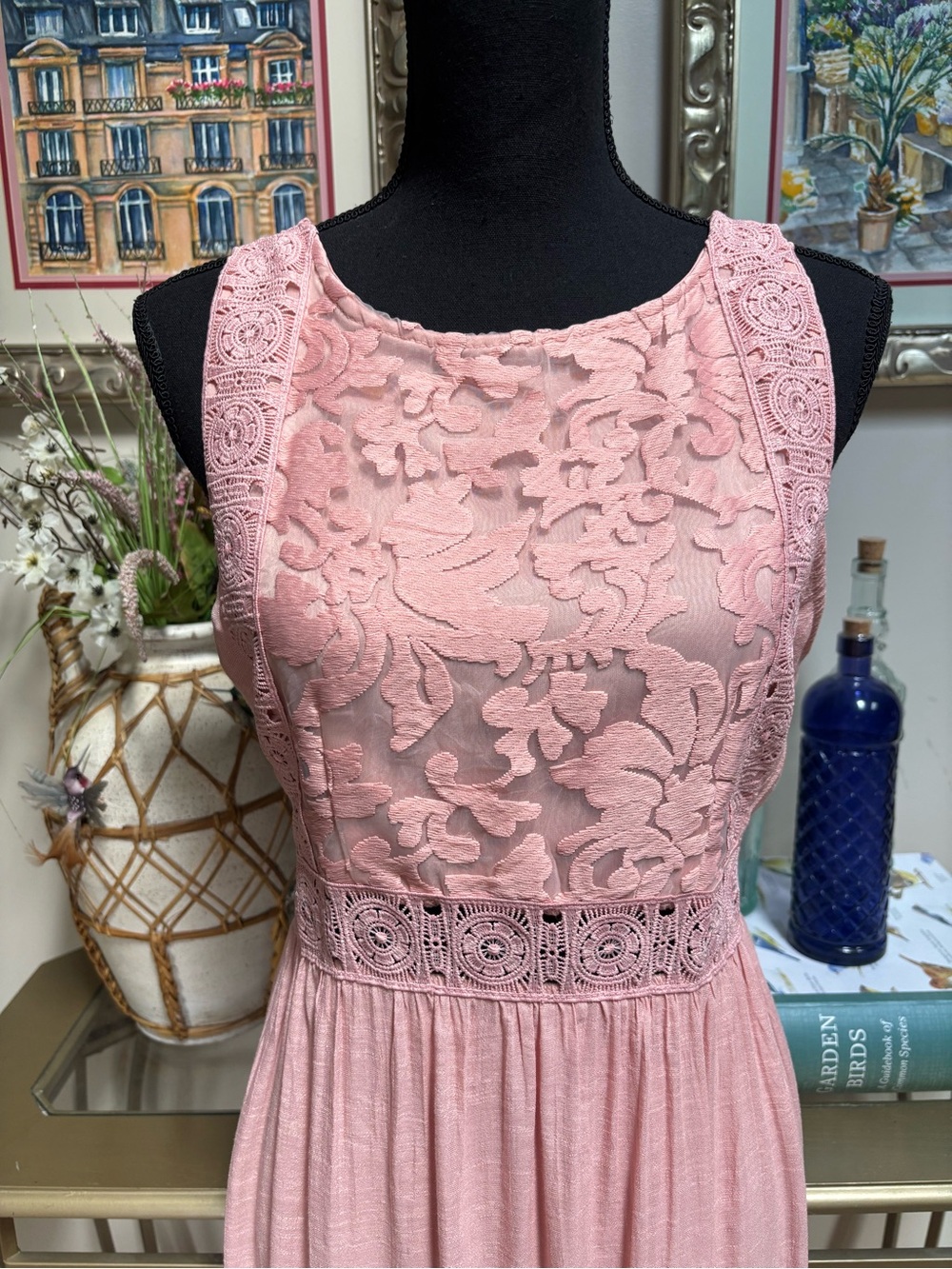 KINGS ROAD PINK LACE CROCHET BOHEMIAN ROMANTIC SLEEVELESS MAXI DRESS SIZE XL